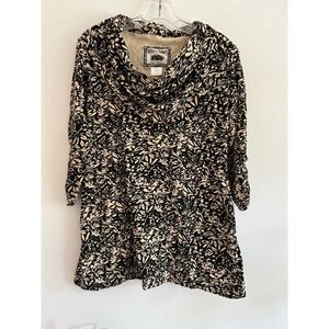 Effies Heart Womens Black Cream Floral Cowl Neck Tunic Pockets Ruched Sleeve L